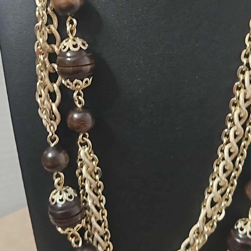 Vtg Emmons 1970s Gold Tone Chain Wood Bead Necklace